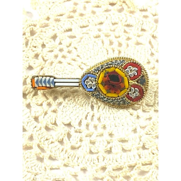 Vintage Micromosaic Lute Ukelele Brooch Pin Shell Glass Gold tone Metal - Picture 1 of 6